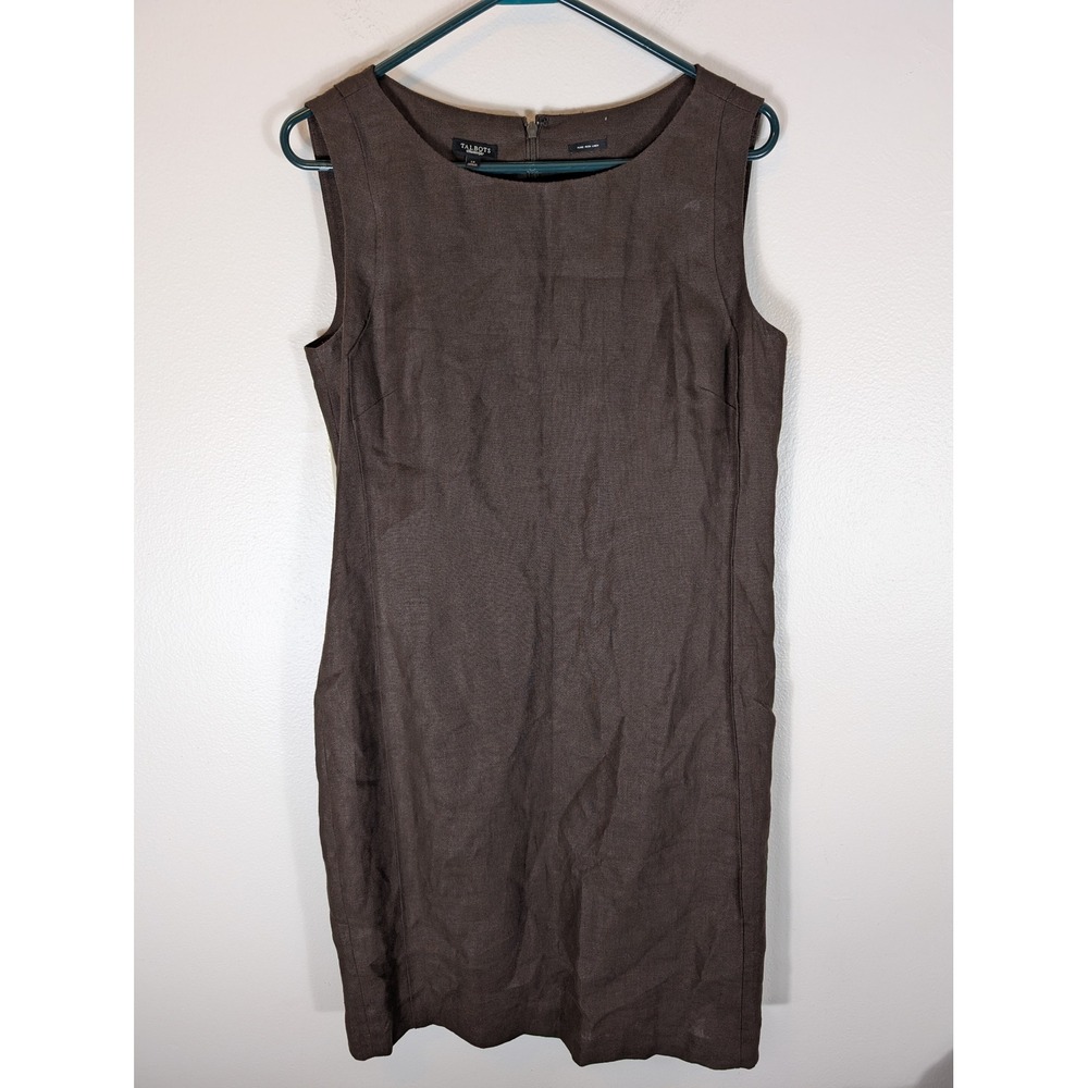 Talbots Womens Siz 14 Brown Pure Irish Linen Sleeveless Sheath Dress Breathable